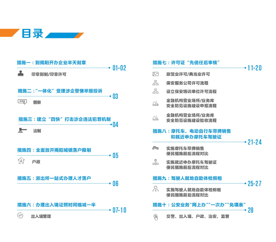 揭阳市公安机关优化营商环境十条创新措施 小册子(展开尺寸240X210mm  对折一面120X210mm 封面封底157克铜版纸  内页100克双胶纸  胶装装订 1万本 主流24号到货)措施版_01.jpg